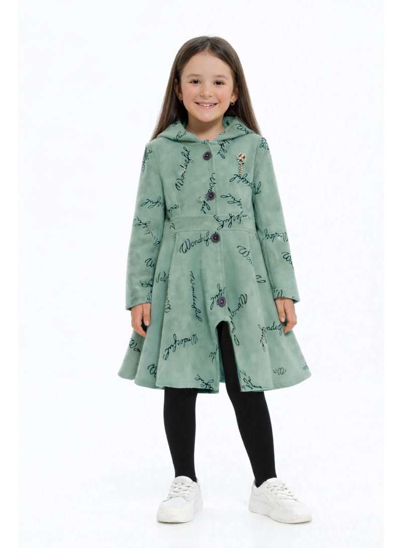 JZRA Girls Green Hooded Flared Coat with Script Print - Image 2